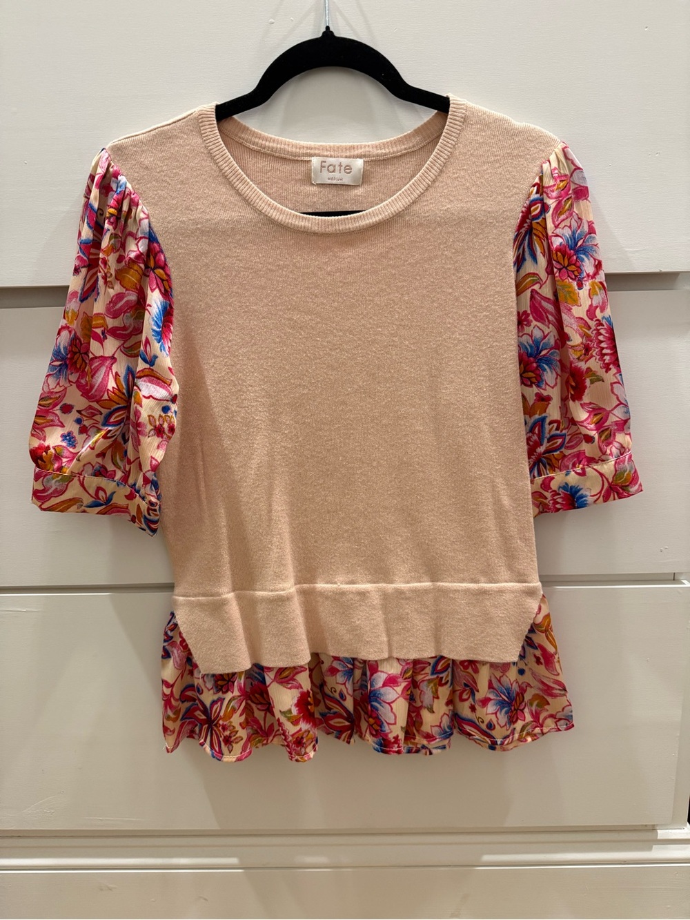Fate Blush Pink Knit Top with Multicolor Floral Sleeves